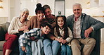Big family, face and laughing with children in lounge, relax and bonding with grandparents on couch. Happy people, generations and parents with kids, portrait and connection together in house or love