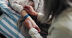 Injury, child or hands of grandma with plaster on bed for first aid, healing or wound care for arm. Apply, kid or grandparent with bandage in home for bruise protection, medical support or assistance