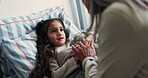 Child, mother and holding hands on bed for care, love and bonding with daughter for family connection. Parent, girl and support in bedroom at home with safety, security and trust together with mom