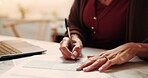 Hands, woman and signature in home with document, application and agreement for financial loan. Person, laptop and writing at house with paperwork, finance contract and compliance form for investment