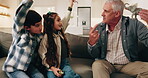 Children, grandfather and hands up with toy for learning in home, bonding together or development. Grandparent, kids or miniature elephant in lounge to answer question, education or animal facts