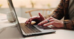 Hands, home and mature man on laptop, internet and typing email for communication and remote work. House, online and person on computer for project update, schedule and research for freelancer career