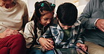 Game, grandparents and children in home with tablet, fun connection or bonding with online entertainment. Support, flare and family with tech, playing together or digital puzzle in happy relationship