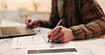 Hands, man and writing in home with document, application and information for financial loan. Person, laptop and consent at house with paperwork, finance contract and compliance form for investment