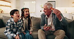 Grandpa, children and playing with animal toys in home for fun weekend or bonding together. Grandfather, grandkids or siblings with smile or dinosaurs for learning, education or development in house