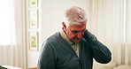 Home, discomfort and senior man with neck pain from disc disease, chronic stiffness and massage. Retirement, pensioner and muscle tension in house from pinched nerve, osteoarthritis and inflammation