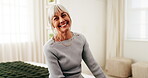 Wellness, face or senior woman in house with smile, positive attitude and weekend break with unwind. Wellbeing, portrait and elderly person with confidence, good mood and satisfaction in retirement.