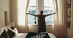 Old woman, morning and open curtain in bedroom, new day and check weather for sunshine. Back, senior person or window in home for reflection, outdoor view and weekend perspective for retirement break