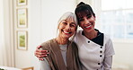 Face, old woman and caregiver with hug in homecare for health support, wellness checkup or kindness. Retirement, happy senior patient or carer in assisted living for medical service, embrace or trust