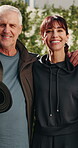 Happy, fitness and face of friends outdoor for yoga exercise, health and active together in morning. Smile, portrait and group of mature people embracing for pilates wellness, support or bonding.