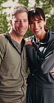 Happy, face or couple outdoor for fitness, bonding together or support in workout activity. Wellness, smile or mature people with confidence, loving connection or active hobby in healthy relationship