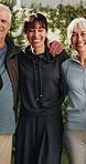 Smile, fitness and face of friends outdoor for yoga exercise, health and active together in morning. Happy, portrait and group of mature people embracing for pilates wellness, support or bonding.