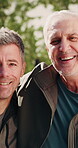 Senior, face and fitness with happy men in nature for health, exercise or wellness together. Portrait, elderly or active male people with smile for retirement, friendship or outdoor bonding in park