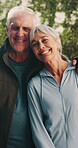 Fitness, face or old couple outdoor with smile, bonding together or support in exercise activity. Wellness, love or senior people with confidence, healthy relationship or active hobby in retirement.