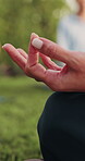 Woman, hands and meditation with class in park for spiritual wellness, healing or stress relief. Female person, yoga or mindfulness with lotus pose, session or lesson for zen or inner peace in nature