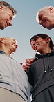 Smile, friends and hug outdoor for fitness, discussion and feedback on training session. Low angle, mature people and laugh in nature with embrace, funny conversation and pilates advice for wellness