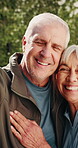 Senior, face or happy couple with hug for selfie, bonding or photography together in nature. Portrait, elderly man or woman with smile for relationship, picture or capture moment in outdoor park