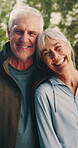 Fitness, face or old couple outdoor with love, bonding together or support in wellness activity. Smile, portrait or senior people with confidence, healthy relationship or workout hobby in retirement.