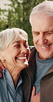 Fitness, face or old couple outdoor with embrace, bonding together or support in wellness activity. Love, smile or elderly people with portrait, healthy relationship or workout hobby in retirement.