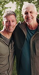 Elderly, face and fitness with happy men in nature for health, exercise or wellness together. Portrait, senior or active male people with smile for retirement, friendship or outdoor bonding in park