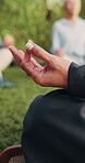 Woman, hands and meditation with zen in park for spiritual wellness, group session or stress relief. Female person, yoga or mindfulness with lotus pose or class for health or inner peace in nature
