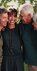 Laugh, hug and face of friends with fitness outdoor for exercise, health and active together in morning. Happy, portrait and group of mature people embracing for wellness, support or bonding.