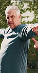 Senior, man and yoga with trainer outdoor, exercise and wellness with stretching for posture. Male person, coach and help with advice for warrior pose, fitness and balance with support in nature