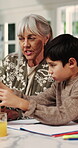 Learning, grandma and child with abacus in home for mental math, problem solving and homework. Homeschool, senior woman or kid with bead counting for calculation practice, education or family support