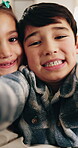 Face, children and selfie in home with smile, photography and social media post for bonding. Pov, portrait and embrace at house with siblings, profile picture update and capture moment for affection