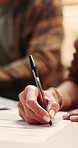 Woman, hands or writing with document for survey, home insurance or legal agreement. Female person, signing or checklist with paperwork for asset management, investment or financial contract in house