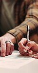 Couple, hands or writing with document for survey, home insurance or legal agreement. Man, woman or signing with checklist or paperwork for asset management, investment or financial contract in house