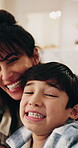 Face, child and selfie in home with mother, photography or social media post for bonding. Pov, mature woman and smile in living room for portrait, profile picture update and capture moment with kids