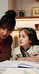 Mom, children and teaching with abacus in home for mathematics, homework or tutoring kids Mother, students or siblings counting with number toy for distance learning or childhood development in house