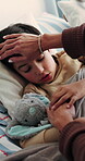 Mom, support and sick child in bedroom with comfort, conversation and monitor for fever symptoms. Woman, tired son talk and console in home with empathy, compassion or parent help for virus recovery.
