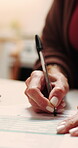 Woman, hands or signing with documents in home for financial contract, investment or legal agreement. Female person, writing or signature with application, form or paper for finance or asset in house