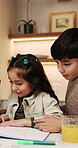 Mom, children and teaching with book in home for education, homework or tutoring daughter. Mother, reading or siblings with study notebook for distance learning or childhood development in house