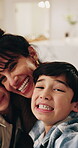 Face, child and selfie at house with family, photography and social media post for bonding together. Pov, mother and embrace in home with portrait, profile picture update and capture moment for kids