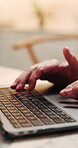 Laptop, hands and man in home with remote work for software development with analytics. Typing, keyboard and web designer with UX project for startup business with freelance career in apartment.