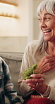 Animal, toy and grandmother with child on sofa for bonding, connection and playful relationship. Family, happy and boy in home with frog, high five and learning with grandma on weekend together