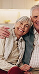 Love, face and senior couple in home with hug, marriage commitment and healthy relationship. Pensioner portrait, happy people and embrace in house for bonding together, retirement support and loyalty