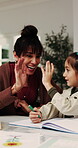 Mom, child or teaching with high five in home for mathematics, homework or tutoring daughter. Mother, student or kid writing with smile or book for learning success or childhood development in house