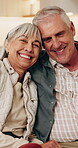 Love, face and senior couple in house with hug, marriage commitment or healthy relationship. Pensioner portrait, happy people and embrace in home for bonding together, retirement support and loyalty