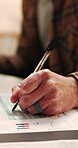 Person, hands and writing with documents for finance review, investment contract or application. Closeup, accounting or signing with paperwork, graph or chart for financial agreement or plan in home