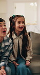 Toys, playing and grandpa with kids on sofa for bonding, connection and playful relationship. Family, happy and excited children with dinosaurs, games and relax with grandfather on weekend in home