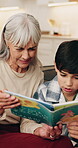 Boy, grandma and reading with story in home for cartoon book, literature or learning. Child kid or grandmother with novel or language for interaction, childhood development or education in house