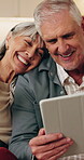 Tea, tablet or old couple in home, smile or discussion for booking holiday with online guide. Tech, man and woman with drink at house for vacation planning, travel itinerary or happy in retirement