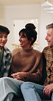 Excited, kiss and parents on sofa with kids for bonding, connection or security in home. Conversation, relax and surprise with children running in apartment for development or family relationship