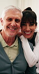 Face, caregiver and senior man with happiness, health support and trust with assisted living. People, retirement and portrait of carer with smile, homecare and medical service with  wellness in house