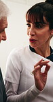 Caregiver, advice and old man in retirement home with discussion, medical support or tips for wellness. Senior person and talk with healthcare worker, opinion or recommendation for disease diagnosis.