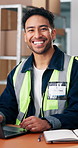 Laugh, boxes and face of man in office for logistics, distribution or ecommerce order delivery. Laptop, courier and portrait of supply chain manager in workplace by cardboard parcel for cargo service